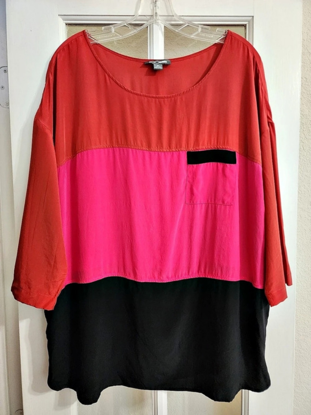 GO SILK XL 100% Silk Colorblock Tunic Blouse Pink Red Black Oversized Pockets